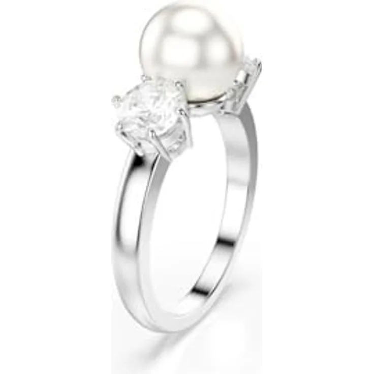 Swarovski Matrix Cocktailring, Rhodinierter Ring mit Weißer Kristallperle und Strahlenden Rundschliff-Kristallen