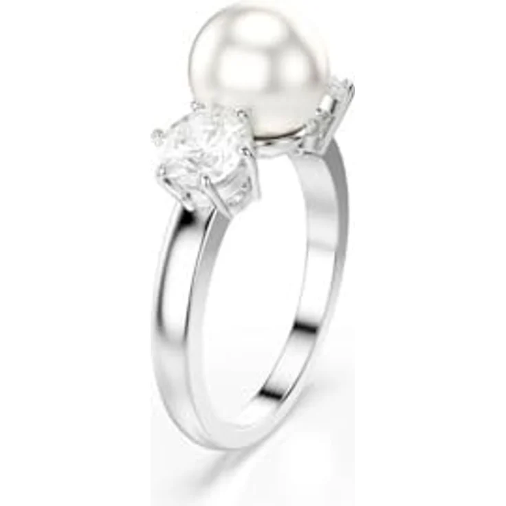 Swarovski Matrix Cocktailring, Rhodinierter Ring mit Weißer Kristallperle und Strahlenden Rundschliff-Kristallen – Bild 1