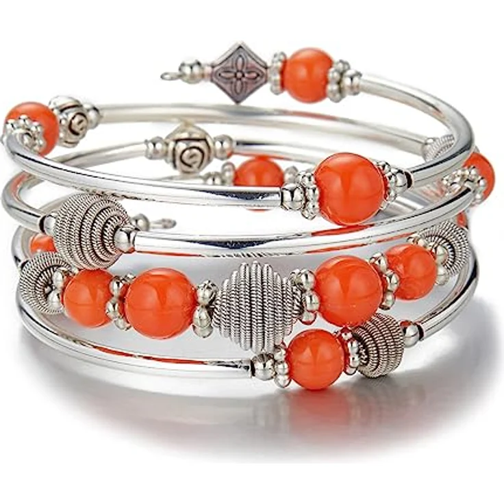 Bulinlin Silber Wickelarmband mit Naturstein Perlen, Boho Mehrschichtiges Damen Armband, Orange, Geschenkbox für Geburtstage – Bild 1