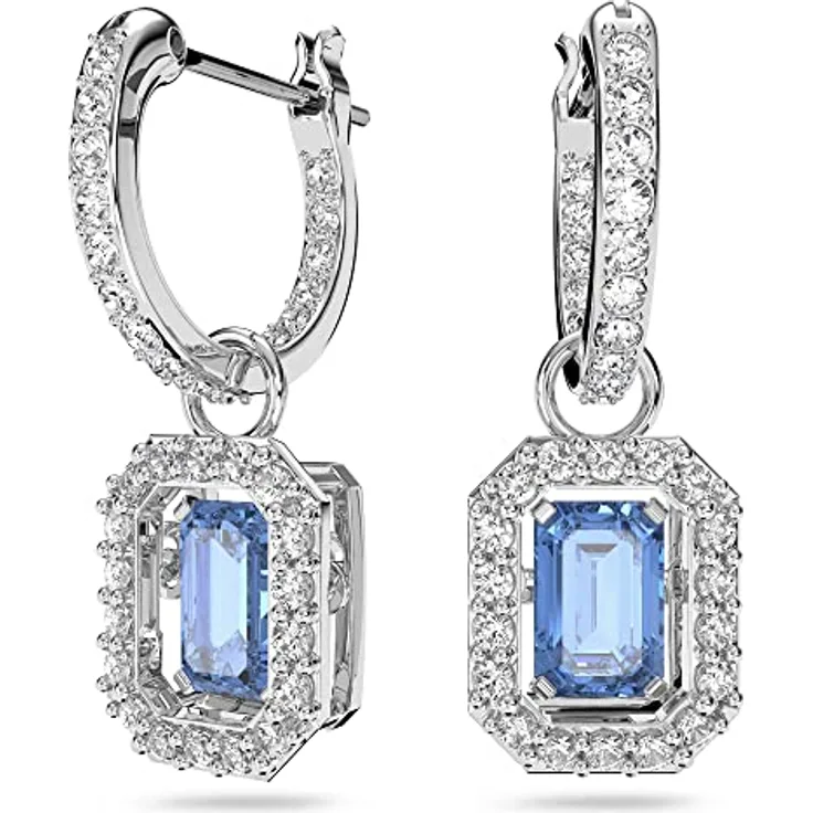 Swarovski Una Ohrringe, Rhodinierte Hängeohrringe mit Blauem Dancing Stone und Weißem Kristallpavé