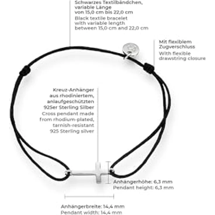 GLANZSTÜCKE MÜNCHEN Damen-Textilarmband schwarz mit Silberkreuz, stufenlos verstellbar 15-22 cm, anlaufgeschützt – Bild 2