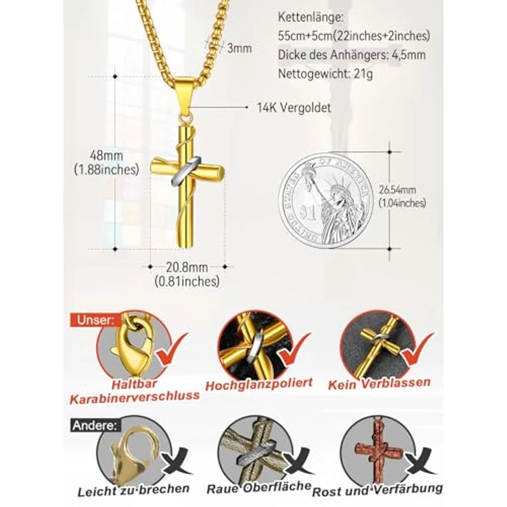 FaithHeart Kreuz Kette Herren, Edelstahl Venezianierkette mit Kreuz Anhänger, 55 cm lang, in Gold, rostfrei und hypoallergen – Bild 3