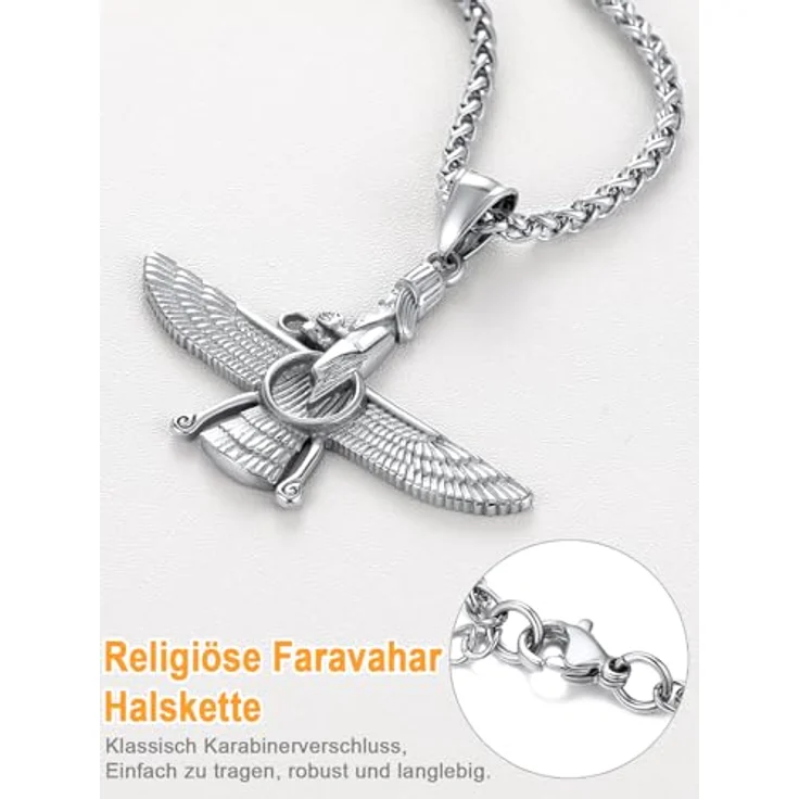 U7 Herren Faravahar Anhänger Halskette Edelstahl, Silber mit verstellbarer Weizenkette, Zoroastrismus Symbol Amulett für Männer – Bild 4