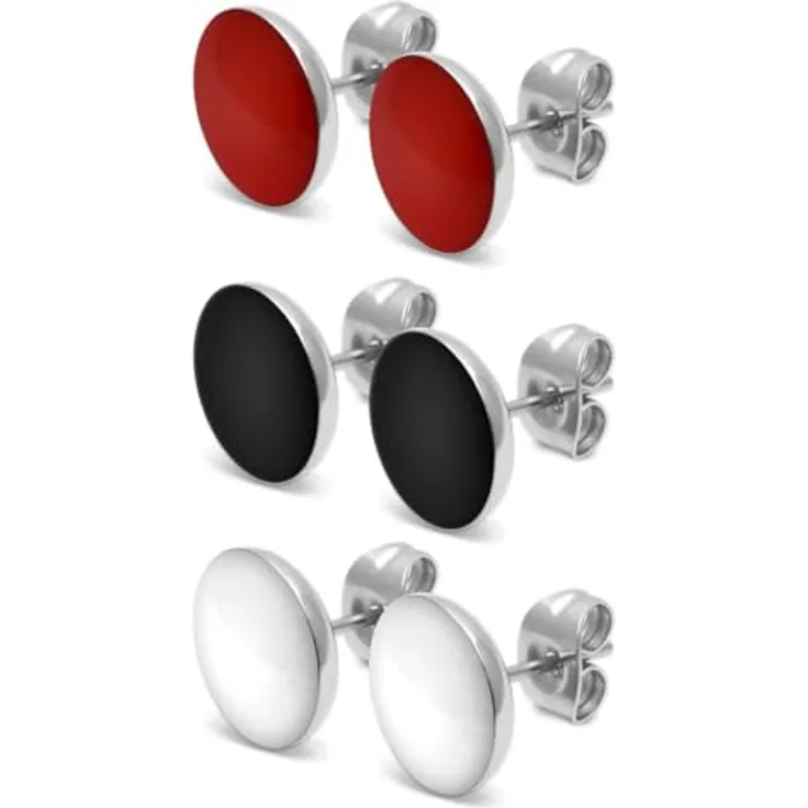 Soul-Cats 3er Set runde Edelstahl-Ohrstecker, glänzend für Frauen und Mädchen, Durchmesser 10mm, rot weiß schwarz