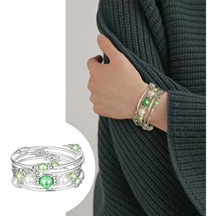 FULU AUTUMN Boho Wickelarmband, Mehrschichtiges Perlenarmband in Grün mit Silberakzenten, Modeschmuck für Damen, Geschenkideen zum Geburtstag und Muttertag – Bild 5