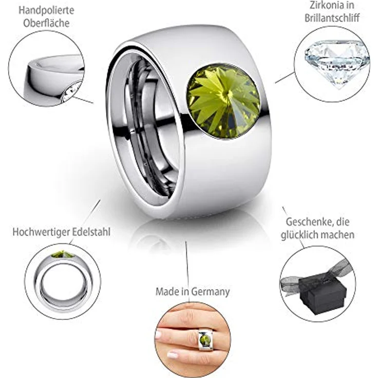 Heideman Damen-Ring coma 14, polierter Edelstahlring Größe 58 mit 10mm Olivine Zirkonia-Steinen, Made in Germany – Bild 3