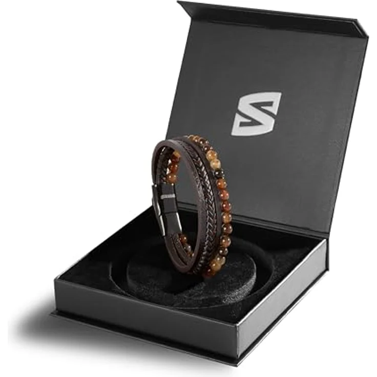 SERASAR Herren Lederarmband Braun mit Naturstein-Achat, geflochten, inklusive Geschenkbox und verlängerbarem Maß – Bild 2