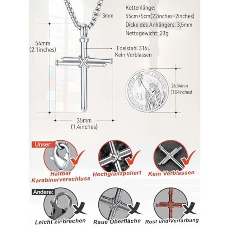 FaithHeart Herren Kreuz Kette, 55CM Venezianier Edelstahl Halskette mit Kreuz Anhänger, rostfrei und wasserdicht, in Silber – Bild 3