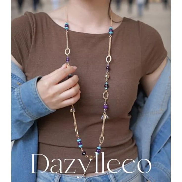 Dazylleco Lange Gold Perlenkette Damen Boho Halskette, 90cm mit Natursteinen und Holzperlen, Geschenke für Mama, lila – Bild 2
