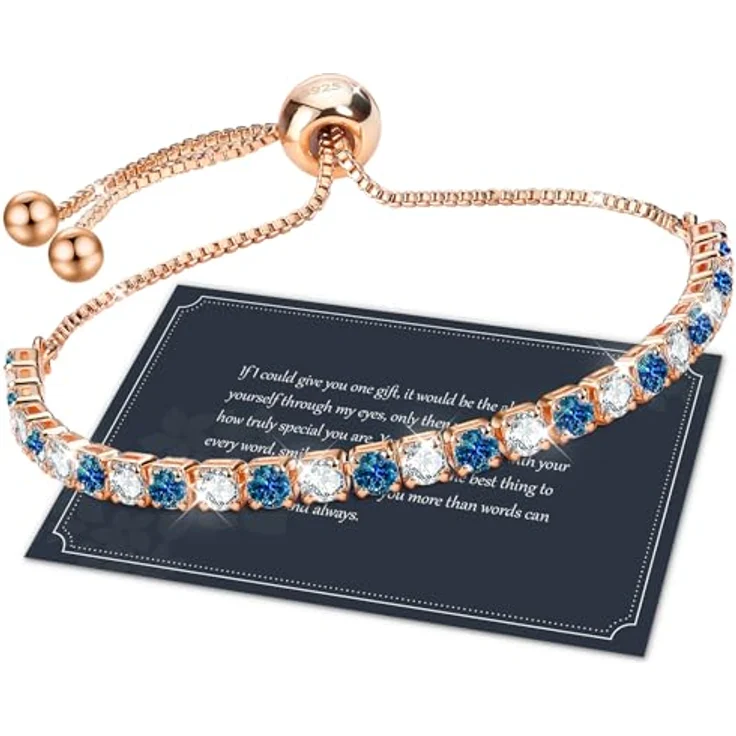 J.Fée Tennisarmband Rosegold, verstellbares Armband aus Sterlingsilber mit blauem Kristall und klaren 5A Zirkonia, hypoallergen, Geschenkbox für Muttertag – Bild 1