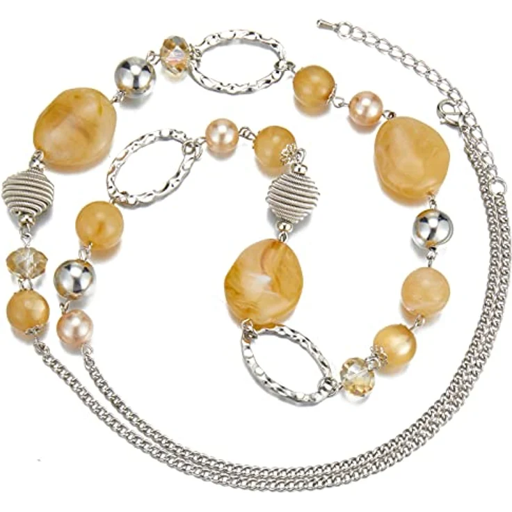 Bulinlin Lange Silber Perlenkette für Damen, Boho Statement Halskette aus Harz- und Metallperlen, 35+3 Zoll, Beige – Bild 2