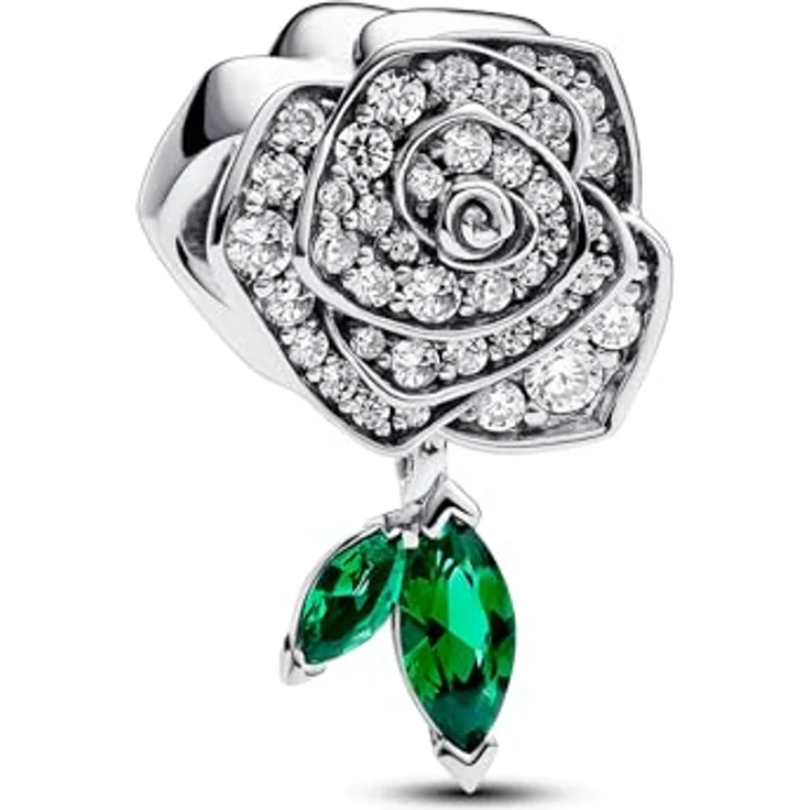 PANDORA Moments Funkelnde Blühende Rose Charm, Sterling Silber mit Zirkonia und grünen Steinen, kompatibel mit Moments Armbändern, 793201C01 – Bild 1
