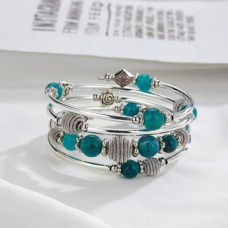 Bulinlin Wickelarmband mit Naturstein Perlen, Mehrschichtiges Damen Armband in Meergrün, ideal als Geburtstags Modegeschenk – Bild 3