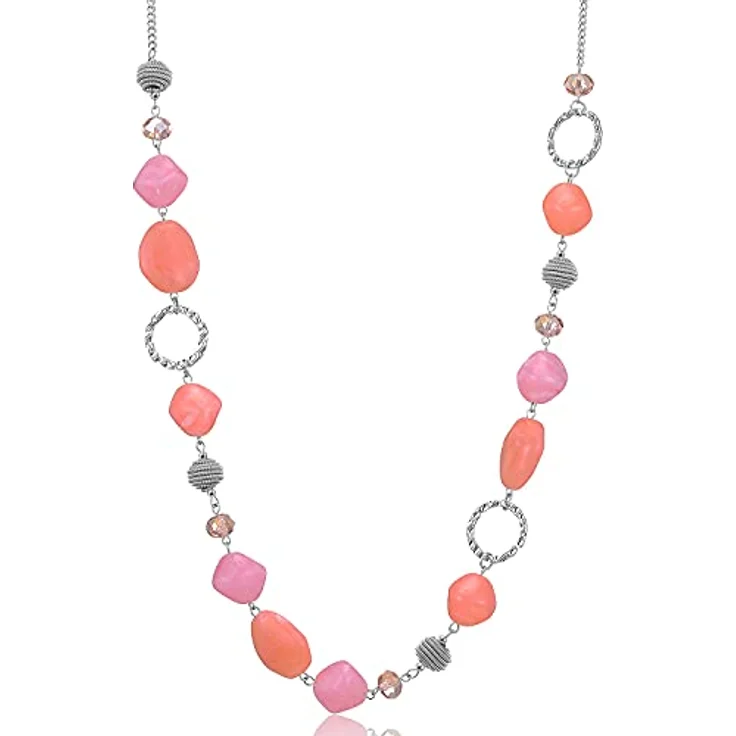 Bulinlin Silber Perplen Lang Kette für Damen, Boho Statement Chain Halskette, 35+3 inches, dunkel hellrosa, Modeschmuck zur Geschenkverpackung – Bild 1