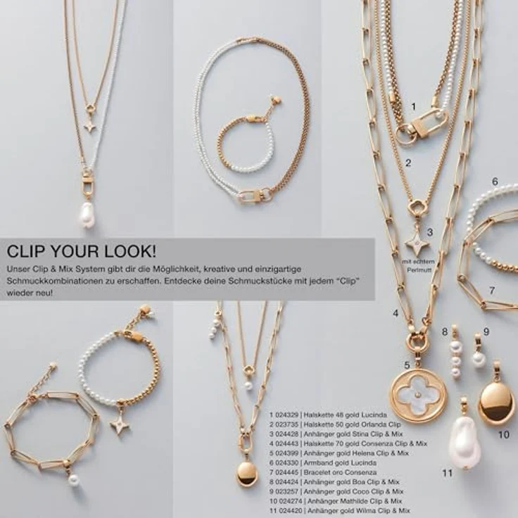JEWELS BY LEONARDO Anhänger Clip & Mix Boa, Ketten-Anhänger aus goldfarbenem Edelstahl mit Imitationsperlen und goldfarbenen Plättchen, Schmuck Geschenk für Frauen, 024424 – Bild 5