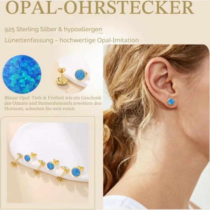 Jiahanzb Opal Ohrringe 925 Sterling Silber Runde Ohrstecker, blaue hypoallergene Stecker, 8 mm vergoldet – Bild 5