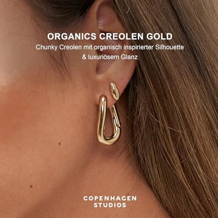 COPENHAGEN STUDIOS Creolen Organics, goldfarbene Damenohrringe aus poliertem Edelstahl mit 14K Vergoldung, organisches Design, Klappschließe, wasserfest & hautfreundlich – Bild 2