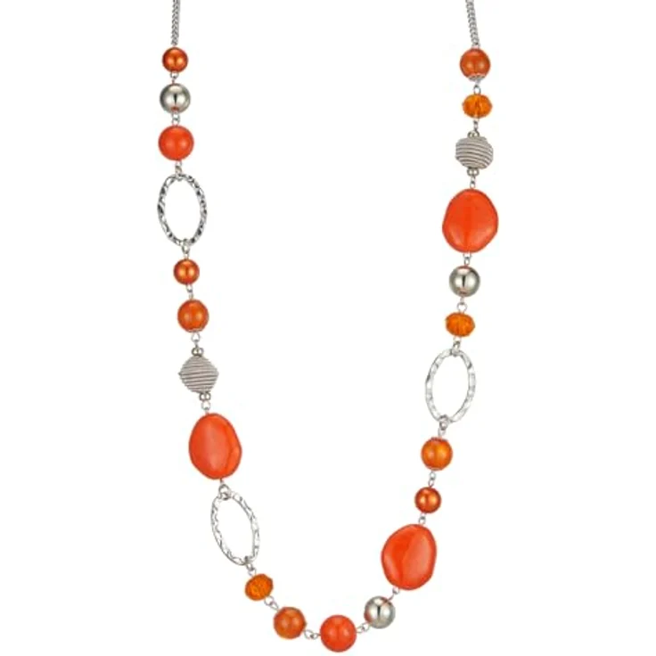 Bulinlin Lange Silber Perlenkette für Damen, Boho Statement Chain, 35+3 Zoll, Orange, Modeschmuck Geschenkidee – Bild 1