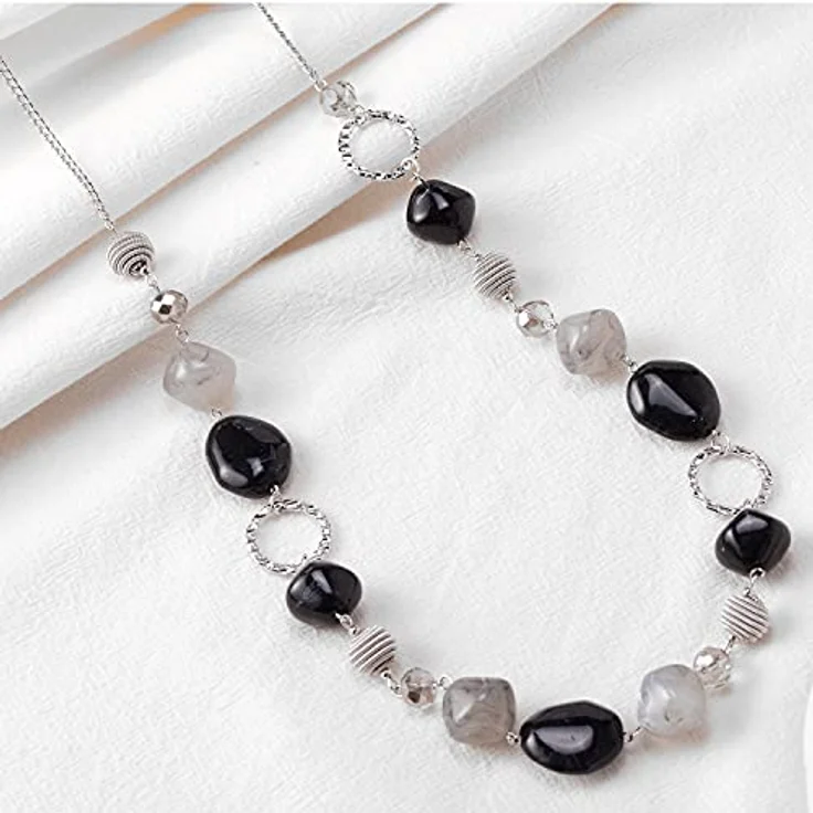 Bulinlin Silber Perlenlange Kette für Damen, Boho Statement Chain, 35+3 Zoll, Schwarz und Grau, Modeschmuck für Geburtstagsgeschenke – Bild 4