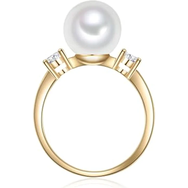 Lulu & Jane Damen-Ring, gelbvergoldet aus Messing mit 10 mm weißen Muschelkernperle und Zirkonia - eleganter Perlenring – Bild 2