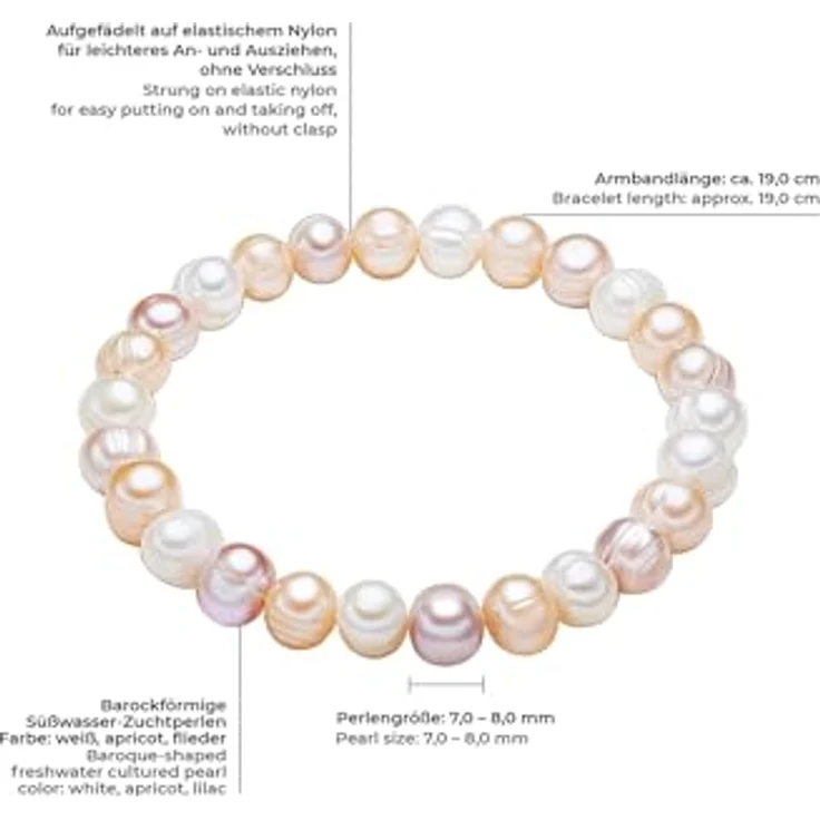Valero Pearls Damen-Armband, elastisches Perlenarmband mit 8 mm barocken Süßwasser-Zuchtperlen in Weiß/Apricot/Flieder, Hochwertiger Schmuck in Geschenkbox – Bild 2