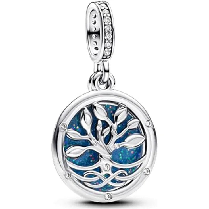 PANDORA Moments Im Dunkeln Leuchtender Unendlichkeitsbaum Doppelter Charm-Anhänger, Sterling Silber mit Zirkonia, Kompatibel mit Moments und ME Armbändern, 793599C01