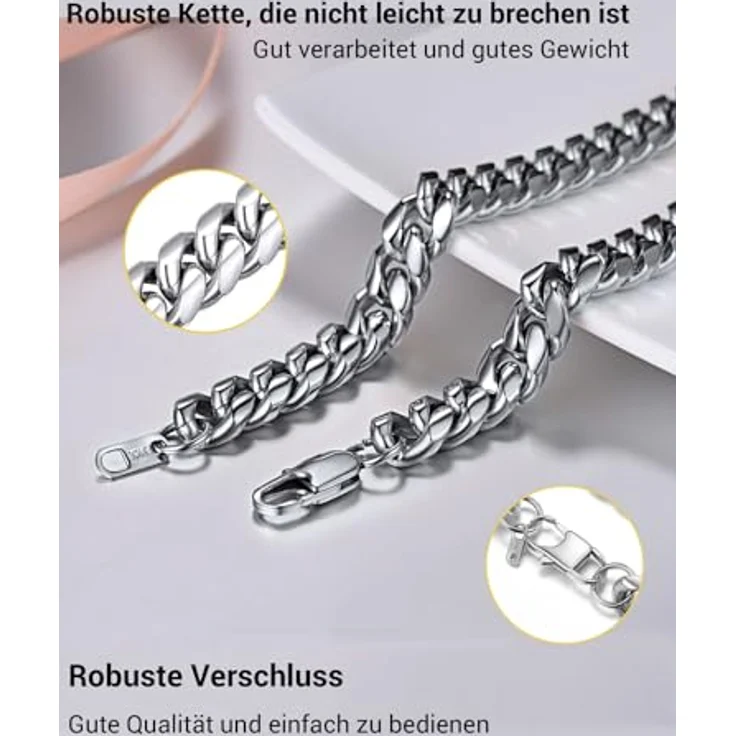 PROSTEEL Panzerkette Herren Halskette 10mm breit aus Edelstahl, 76cm Kettenlänge, schwer, kubanische Gliederkette, Hip-Hop Street Style, silber – Bild 4