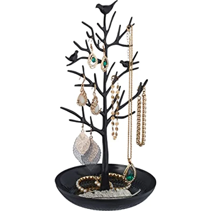 Relaxdays Schmuckständer Baum, Schmuckaufbewahrung für Ketten, Ohrringe & Armbänder, HxBxT 30x16x15 cm, schwarz, mit Ablage für Uhren und Broschen – Bild 1