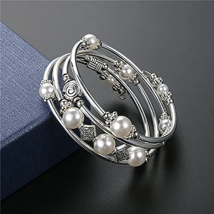 Bulinlin Silber Wickelarmband mit Naturstein Perlen, mehrschichtiges Boho Damenarmband in Weiß, ideales Geburtstagsmodegeschenk – Bild 2