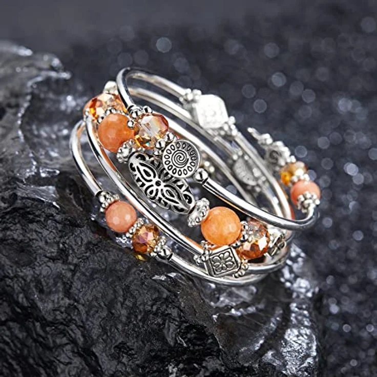 FULU AUTUMN Damen Boho Armband, Mehrschichtiges Perlen Silber Wickelarmband, Geschenk zum Geburtstag und Muttertag, Orange – Bild 2