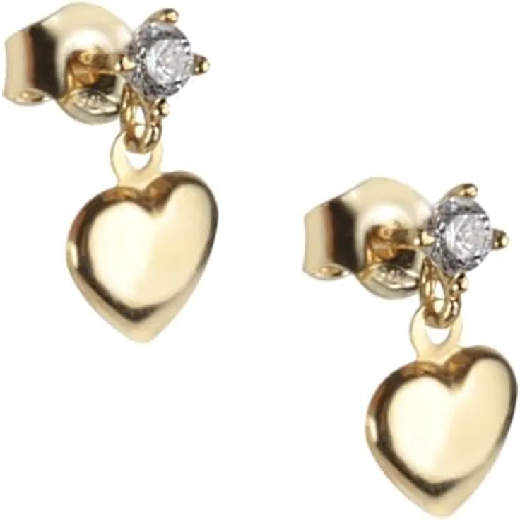 FAVS Paar Ohrstecker aus 375er Gelbgold mit Zirkonia, Herzanhänger, Steckverschluss, 1,1 cm