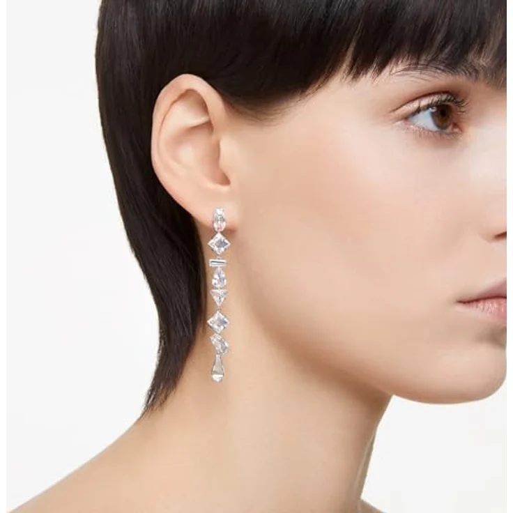 Swarovski Mesmera Drop-Ohrhänger, Weiße Rhodinierte Ohrringe mit Strahlenden Swarovski Kristallen in Kaskadenform – Bild 5