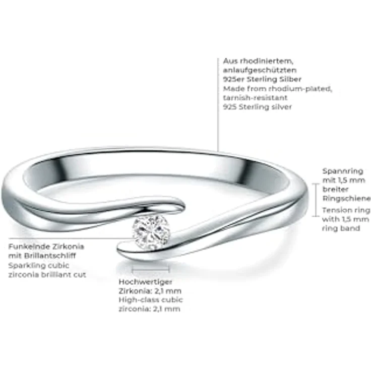 Trilani Damen-Solitärring, Sterling Silber mit weißen Zirkonia im Brillantschliff, gedrehter Spannring, eleganter Verlobungsring, Antragsring, Trauring – Bild 4