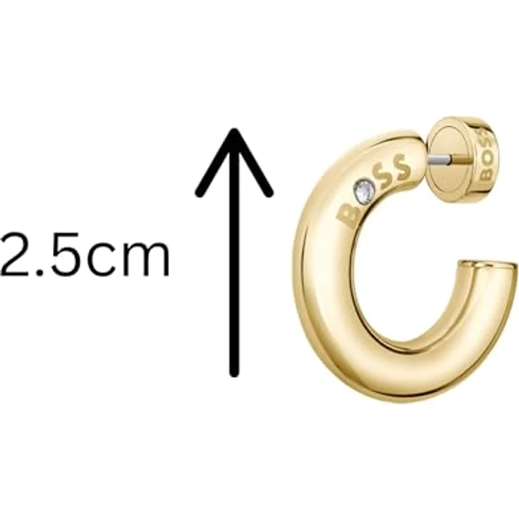 BOSS Jewelry LIVE Creolen Damen, 25mm Hohlkreolen in Gelbgold mit BOSS-Logo und Kristalldetail, sicherer Butterfly-Verschluss – Bild 2