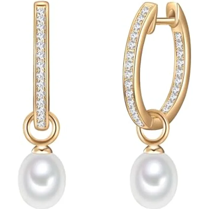 Valero Pearls Damen-Creolen 925er Sterling Silber gelbvergoldet mit weißen Süßwasser-Zuchtperlen, Ohrhänger im Glamour-Design