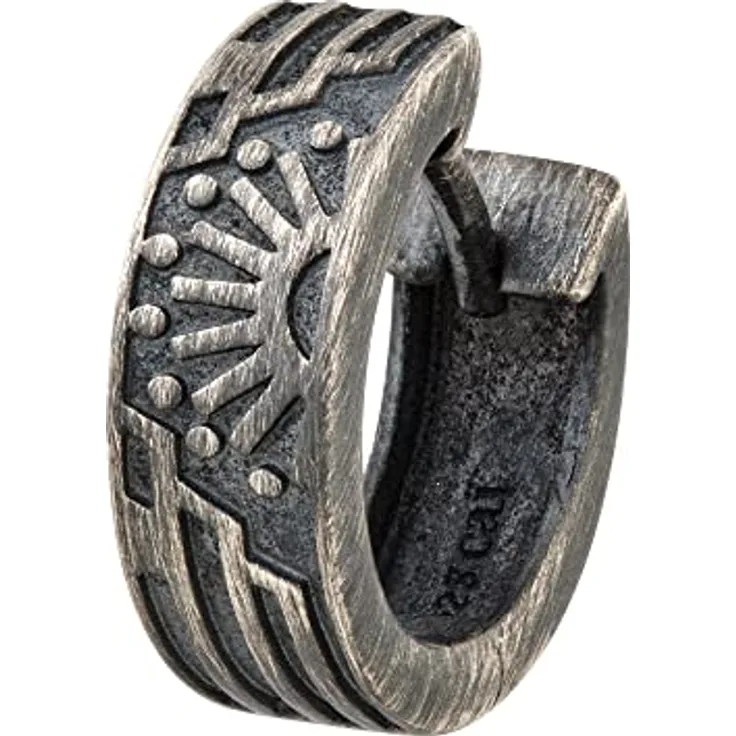 caÏ Herren Single Creole 925/- Sterling Silber, 1,3 cm, matt silbergrau mit Sonnen-Muster, handgefertigter Echtschmuck