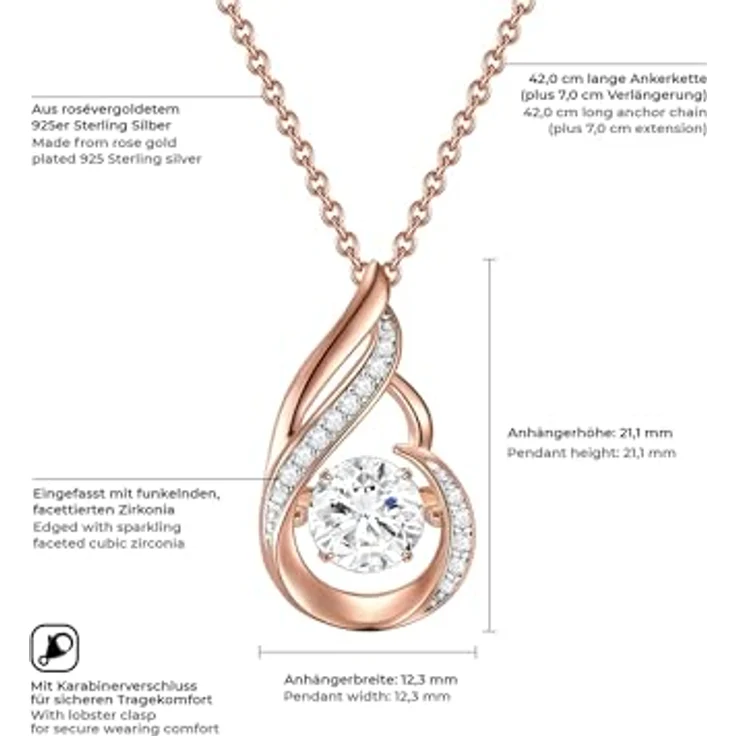 Rafaela Donata Damen Halskette mit Anhänger, 925er rosévergoldetes Silber, Zirkonia in Tropfenform, romantisches Schmuckstück mit Karabinerverschluss – Bild 2