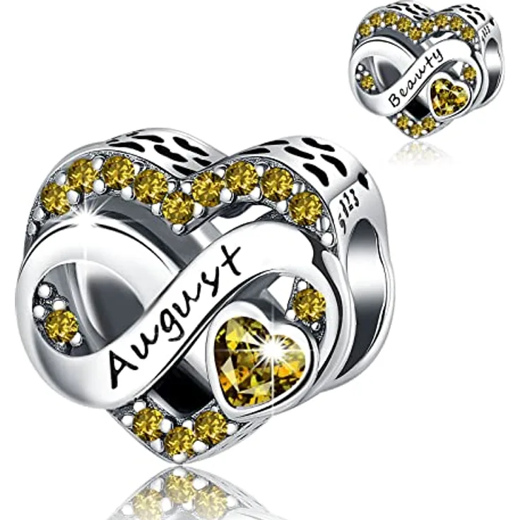 BIZK Damen Unendlichkeit Geburtsstein Charm Anhänger August, 925 Sterling Silber mit gelben Zirkon Steinen, kompatibel mit europäischen Armbändern