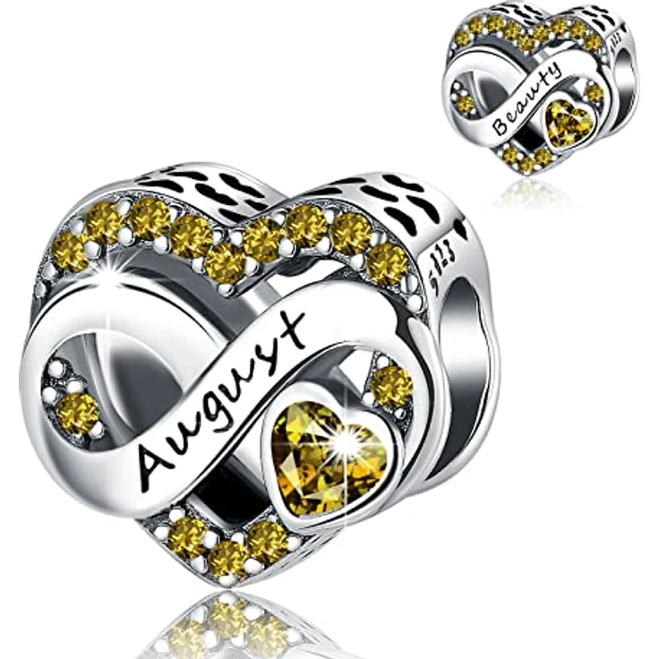 BIZK Damen Unendlichkeit Geburtsstein Charm Anhänger August, 925 Sterling Silber mit gelben Zirkon Steinen, kompatibel mit europäischen Armbändern – Bild 1