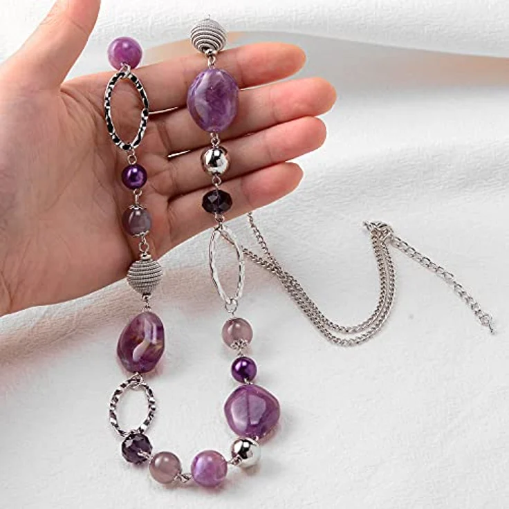 Bulinlin Silber Perlen Lange Kette für Damen, Boho Statement Halskette, 35+3 Zoll, edler Modeschmuck – Bild 3