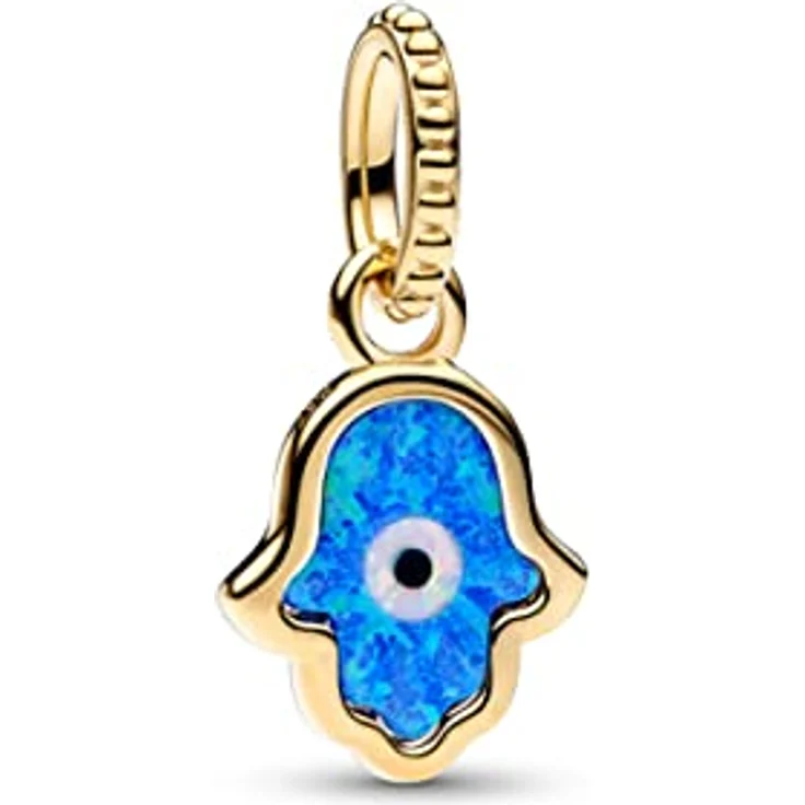 PANDORA Moments Schillernde Blaue Hand der Fatima Charm-Anhänger, 14 Karat vergoldete Metalllegierung, mit tiefblauem Opal, kompatibel mit ME Armbändern, 762699C01 – Bild 1