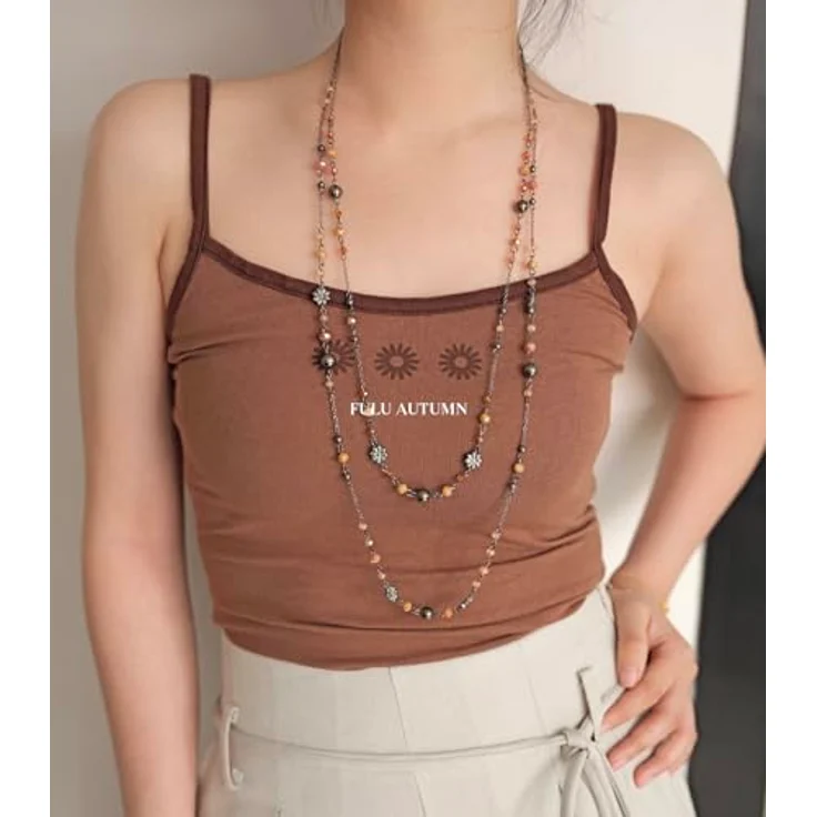 FULU AUTUMN Lange Perlenkette Damen Silber Schwarz mit Kristallen und Metallblumen, Vintage Statement Schmuck, Orange – Bild 4