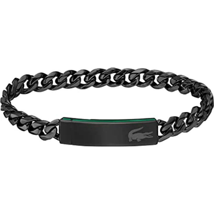 Lacoste Gliederarmband für Herren, Edelstahl mit schwarzer IP-Beschichtung, 19 cm Umfang, grünes emailliertes Streifen-Design, magnetischer Verschluss – Bild 1