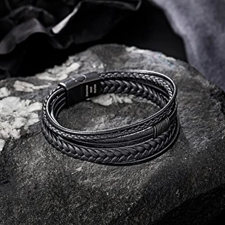 Speroto Herren Lederarmband aus Rindsleder und Edelstahl, geflochten, schwarz, 23 cm – Bild 2