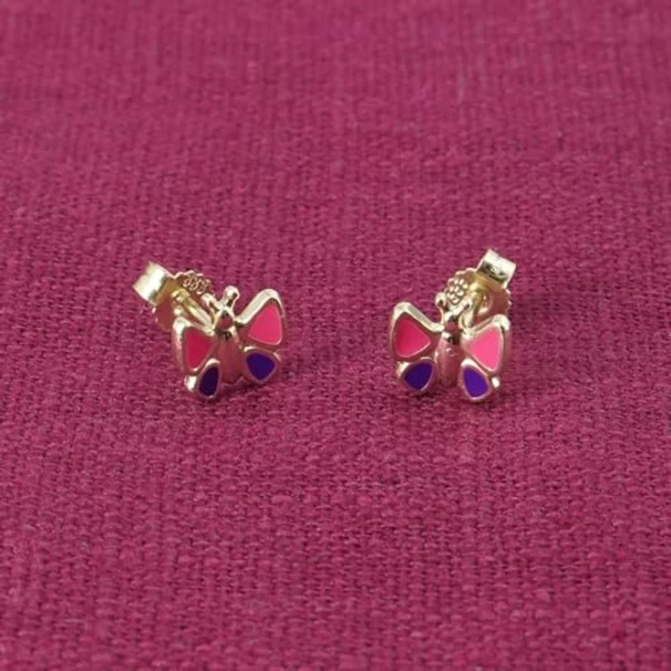 trendor 68436 Kinder-Ohrringe Gold 333/8K Ohrstecker mit Schmetterling, pink-lila lackiert, Größe 6,5 x 7 mm, inkl. Mikrofaser-Pflegetuch – Bild 3
