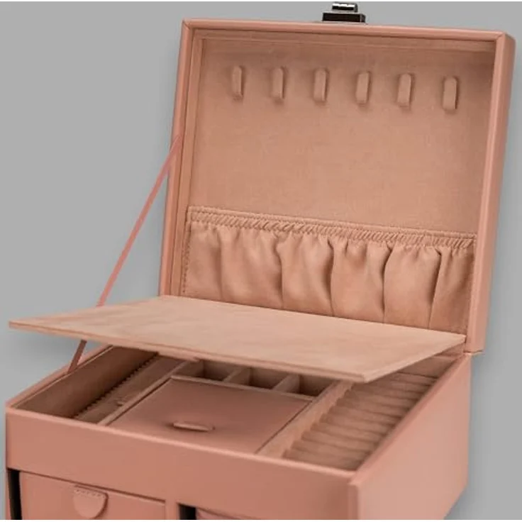 Windrose Schmuckkoffer M Marvella, eleganter Schmuckkasten in rosé mit Handarbeit und Lederoptik – Bild 4
