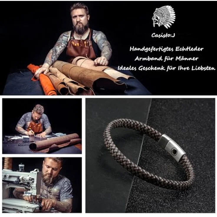 Casisto.J Geflochtenes Lederarmband Herren mit Edelstahl-Schnalle und Magnetverschluss, Schwarz oder Braun, handgefertigt, geruchlos, nickelfrei – Bild 2