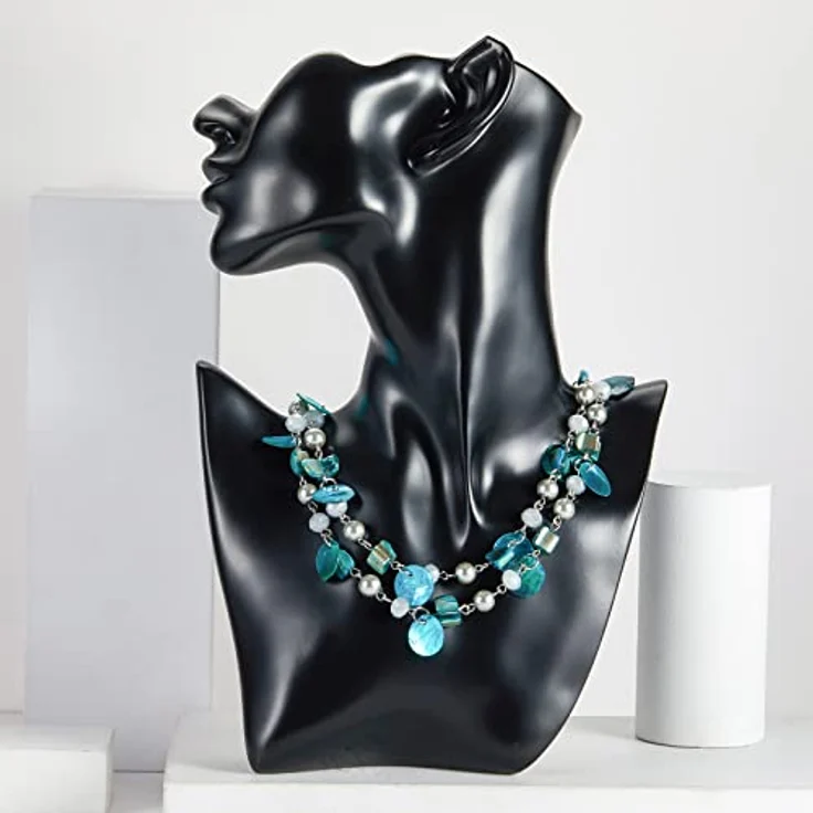FULU AUTUMN Kristall Perlenkette Boho Muschelkette, bunte mehrreihige Damen-Halskette mit Muschelanhänger, 18 Zoll + 2,7 Zoll verlängerbar, türkis – Bild 2