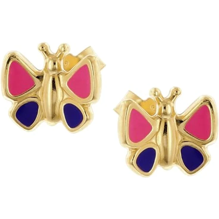 trendor 68436 Kinder-Ohrringe Gold 333/8K Ohrstecker mit Schmetterling, pink-lila lackiert, Größe 6,5 x 7 mm, inkl. Mikrofaser-Pflegetuch – Bild 2