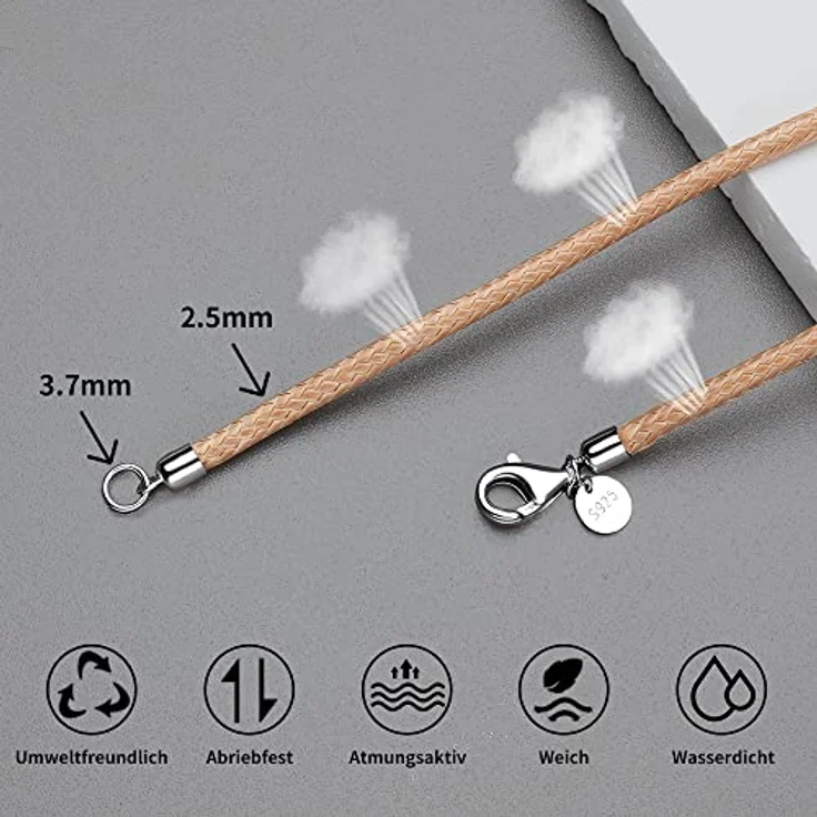 Viwind Lederkette, 925 Silber Verschluss, geflochten, Kunstleder, 2.5mm breit, unisex, 60cm, khaki, für Anhänger – Bild 4